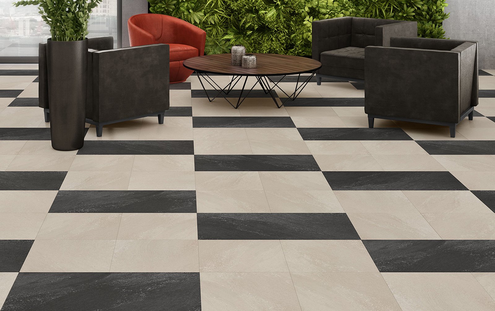 Mirra luxury vinyl tile in a hospitality interior with seating and warm lighting