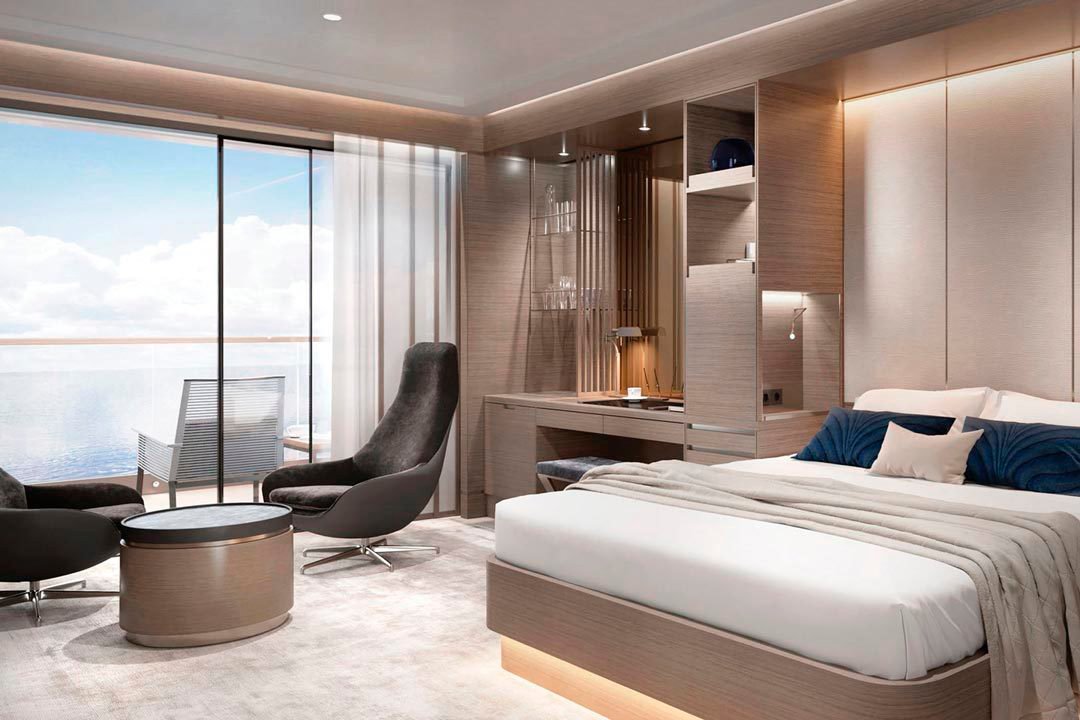 Modern hotel suite with bed, ocean view and woven flooring