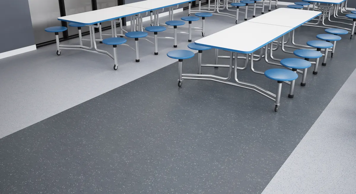 Cafeteria seating on grey speckled ABPure rubber sheet flooring