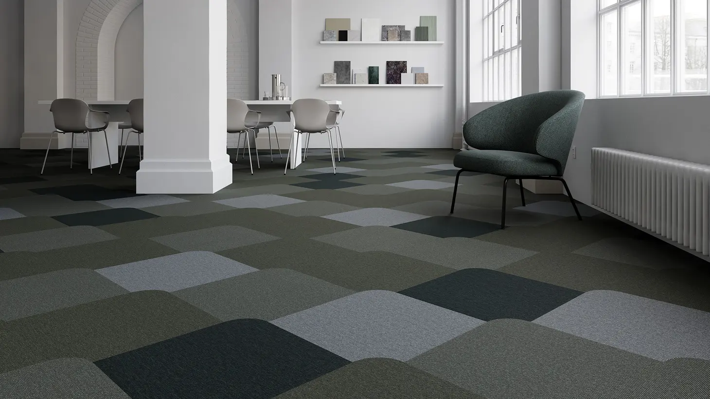 Shapes by Sebastian Wrong carpet tiles in a lounge